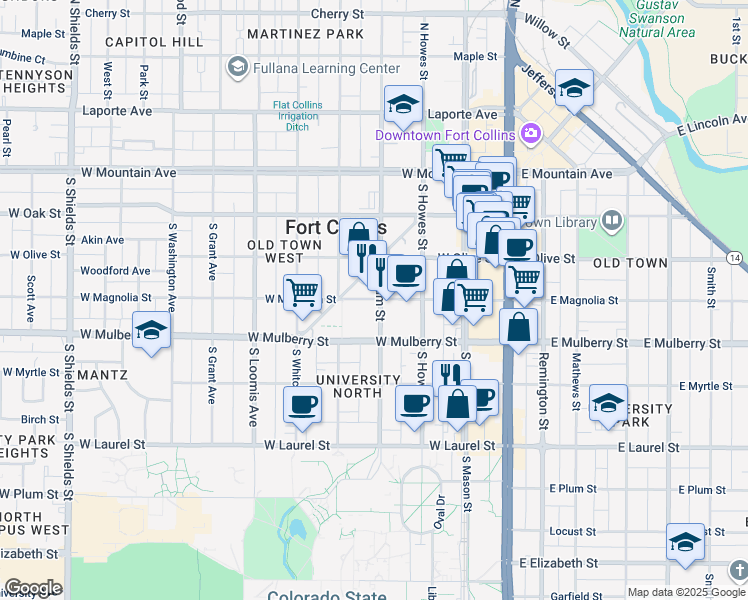 map of restaurants, bars, coffee shops, grocery stores, and more near 417 West Magnolia Street in Fort Collins