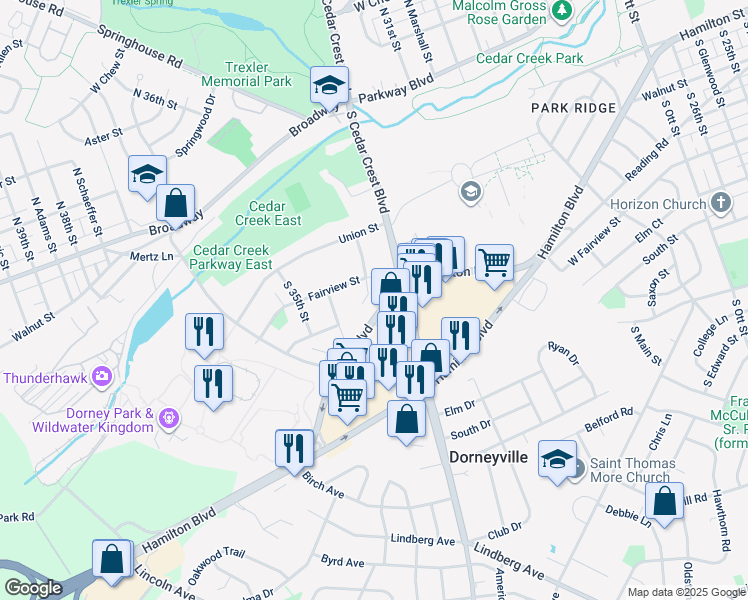 map of restaurants, bars, coffee shops, grocery stores, and more near 345 South 33rd Street in Allentown
