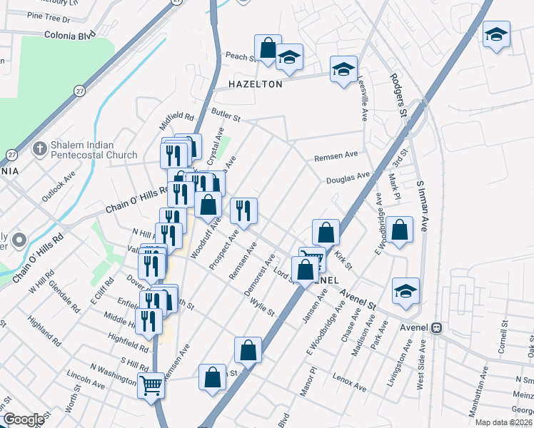 map of restaurants, bars, coffee shops, grocery stores, and more near 250 Remsen Avenue in Woodbridge Township