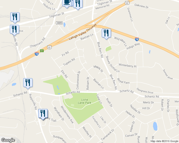 map of restaurants, bars, coffee shops, grocery stores, and more near 43 Bastian Lane in Allentown