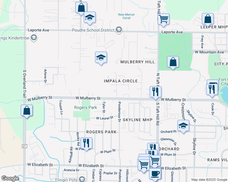 map of restaurants, bars, coffee shops, grocery stores, and more near 2404 West Mulberry Street in Fort Collins