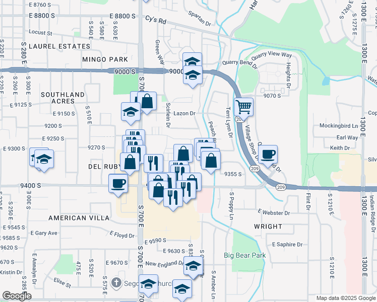 map of restaurants, bars, coffee shops, grocery stores, and more near 809 Oakhampton Dr in Sandy