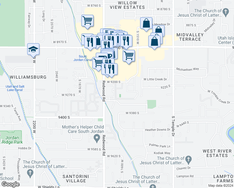 map of restaurants, bars, coffee shops, grocery stores, and more near 9289 South Redwood Road in West Jordan