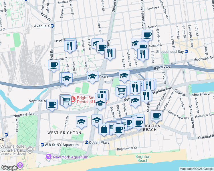 map of restaurants, bars, coffee shops, grocery stores, and more near 2727 Ocean Parkway in Brooklyn