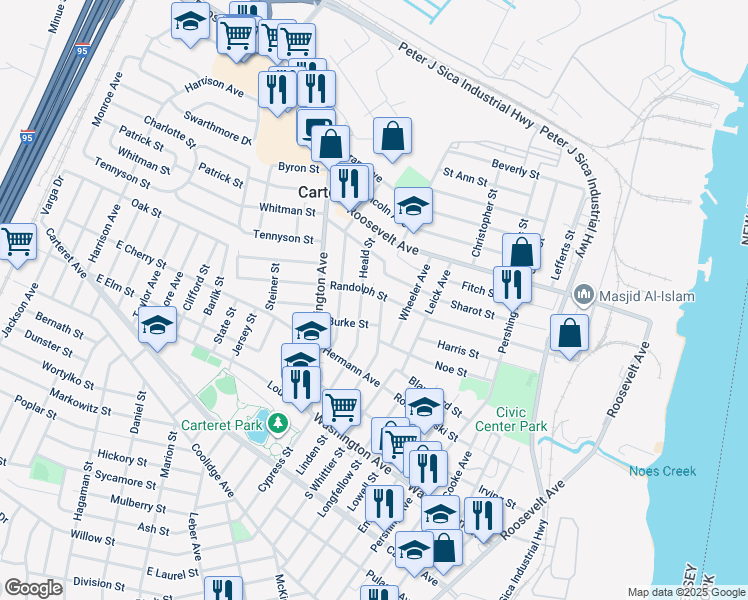 map of restaurants, bars, coffee shops, grocery stores, and more near 88 Heald Street in Carteret