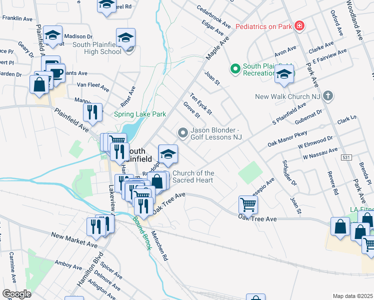 map of restaurants, bars, coffee shops, grocery stores, and more near 226 Adeline Avenue in South Plainfield