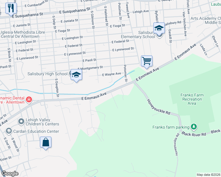 map of restaurants, bars, coffee shops, grocery stores, and more near 743 East Emmaus Avenue in Allentown