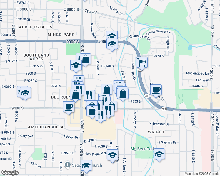 map of restaurants, bars, coffee shops, grocery stores, and more near 809 Oakhampton Dr in Sandy