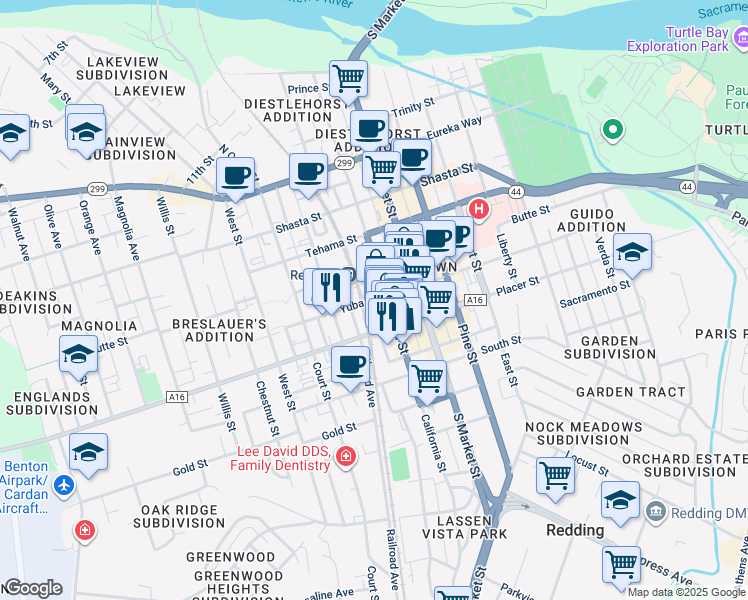 map of restaurants, bars, coffee shops, grocery stores, and more near 1575 California Street in Redding