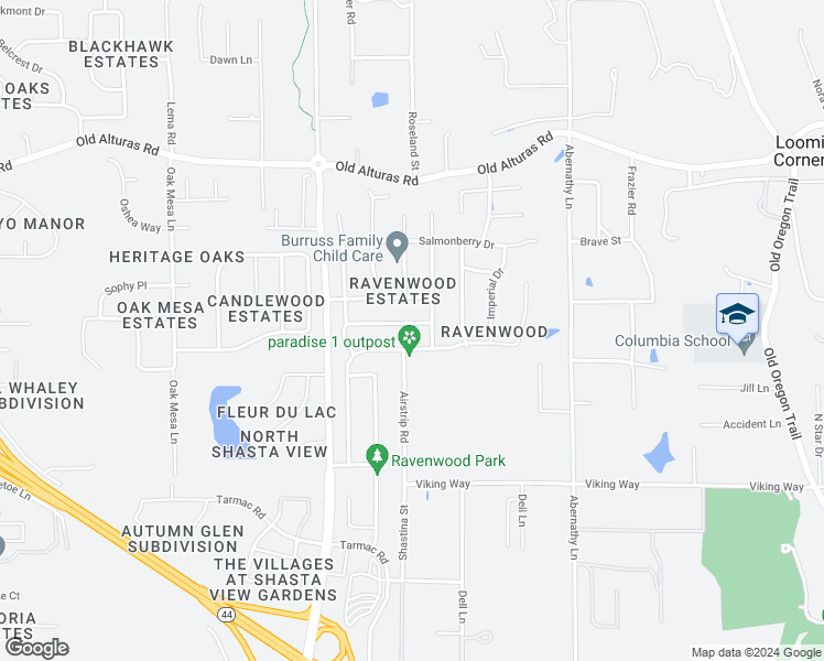 map of restaurants, bars, coffee shops, grocery stores, and more near 2587 Dewberry Drive in Redding