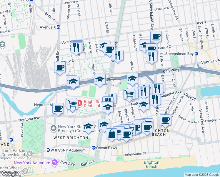 map of restaurants, bars, coffee shops, grocery stores, and more near 2727 Ocean Parkway in Brooklyn