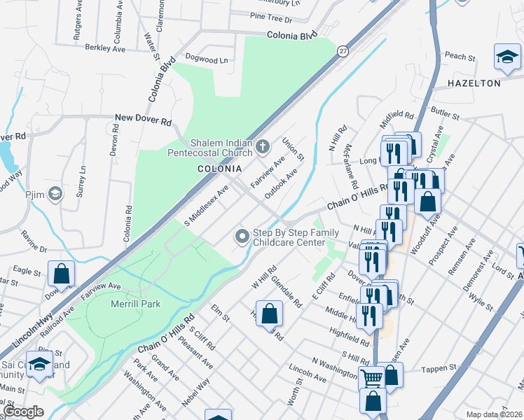 map of restaurants, bars, coffee shops, grocery stores, and more near 189 New Dover Road in Woodbridge Township