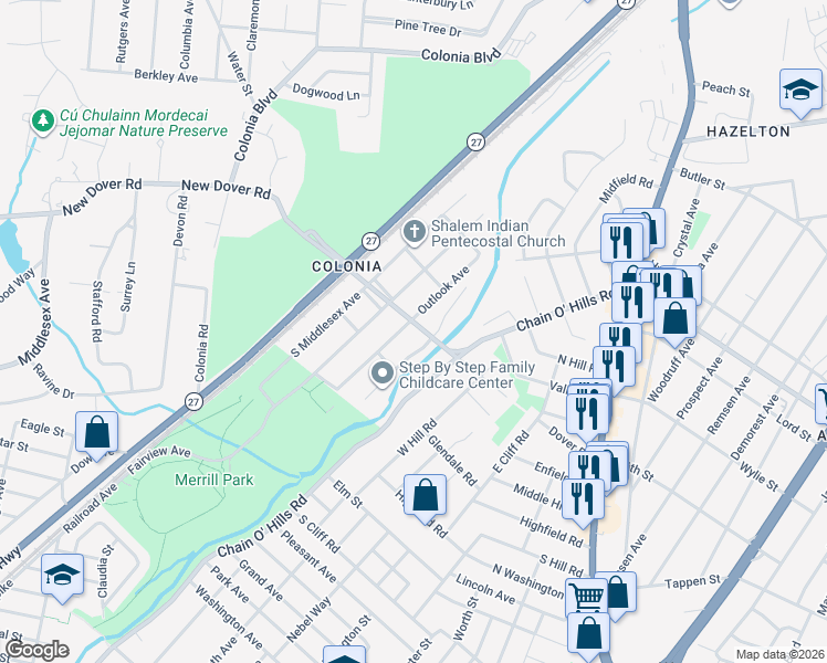 map of restaurants, bars, coffee shops, grocery stores, and more near 205 New Dover Road in Woodbridge Township