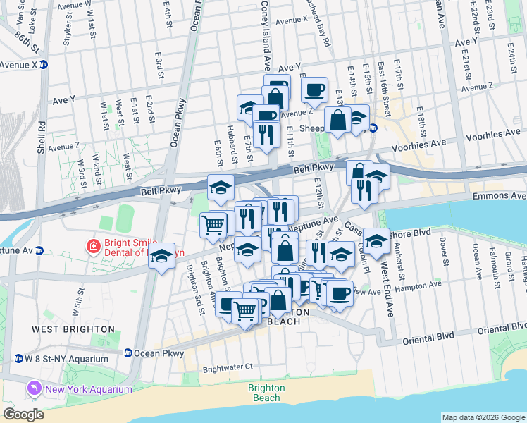 map of restaurants, bars, coffee shops, grocery stores, and more near 720 Brighton 8th Street in Brooklyn