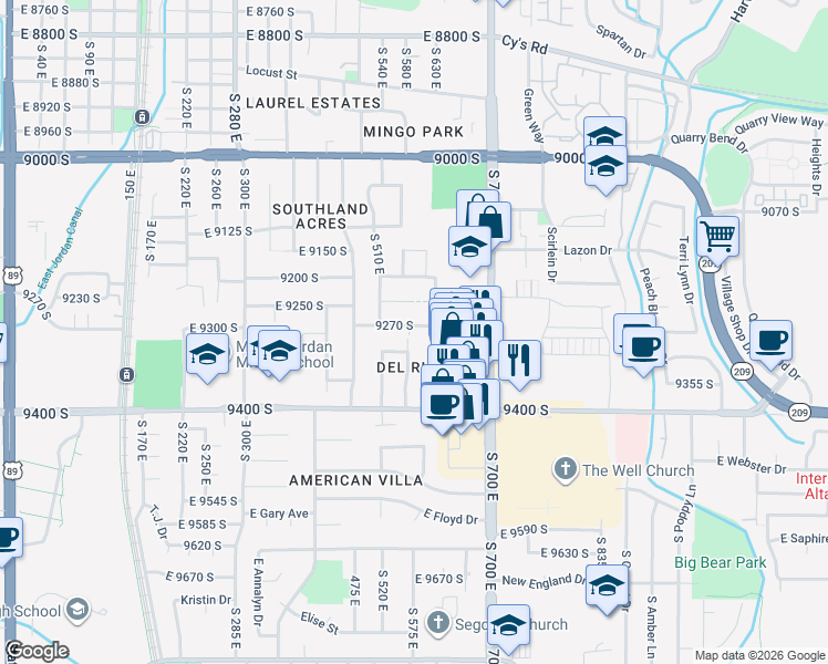map of restaurants, bars, coffee shops, grocery stores, and more near 566 9270 South in Sandy