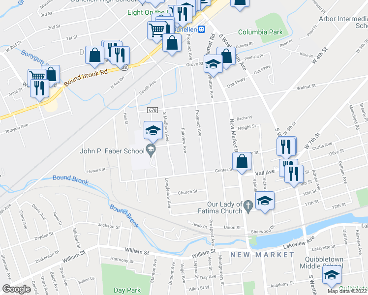 map of restaurants, bars, coffee shops, grocery stores, and more near 1 Lehigh Street in Dunellen