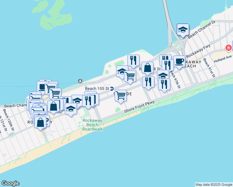map of restaurants, bars, coffee shops, grocery stores, and more near 105-20 Rockaway Beach Boulevard in Queens