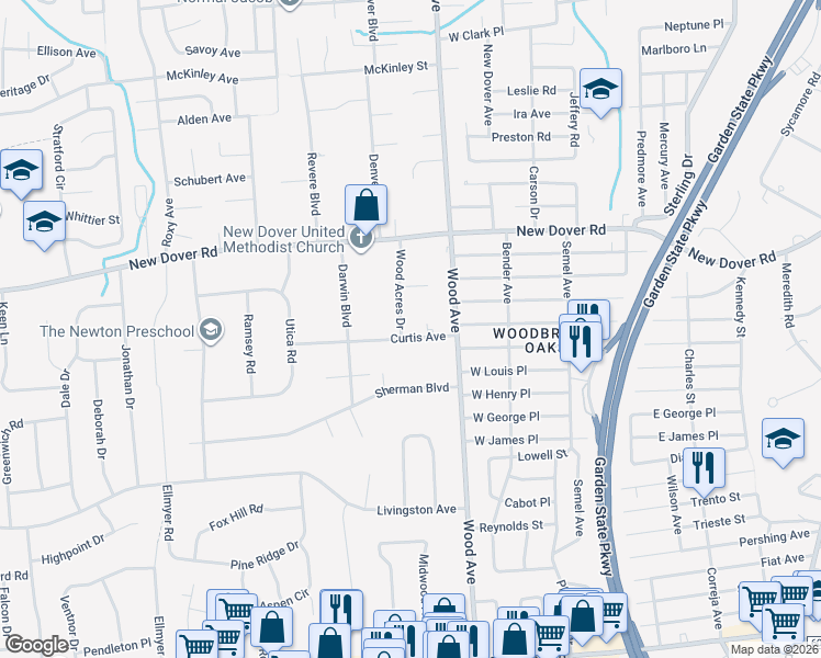 map of restaurants, bars, coffee shops, grocery stores, and more near 671 Curtis Avenue in Edison