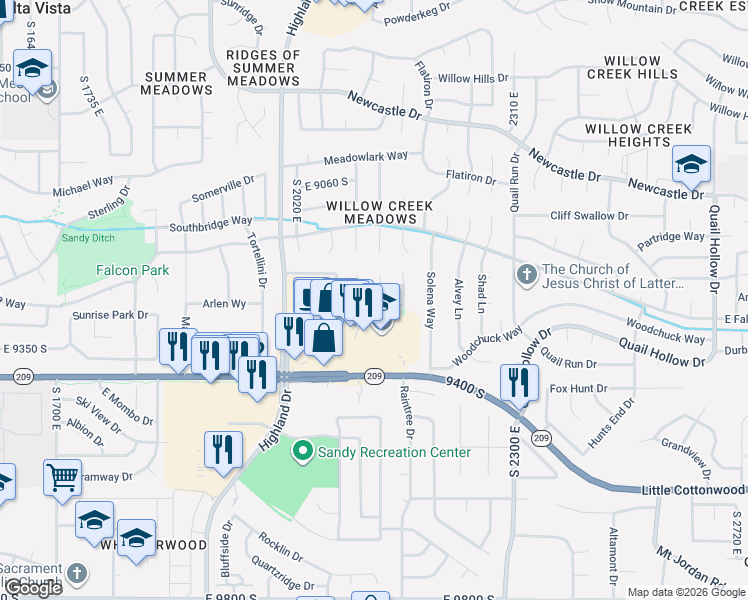 map of restaurants, bars, coffee shops, grocery stores, and more near 2139 Village Point Way in Sandy