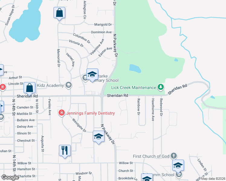 map of restaurants, bars, coffee shops, grocery stores, and more near 2211 Sheridan Road in Pekin