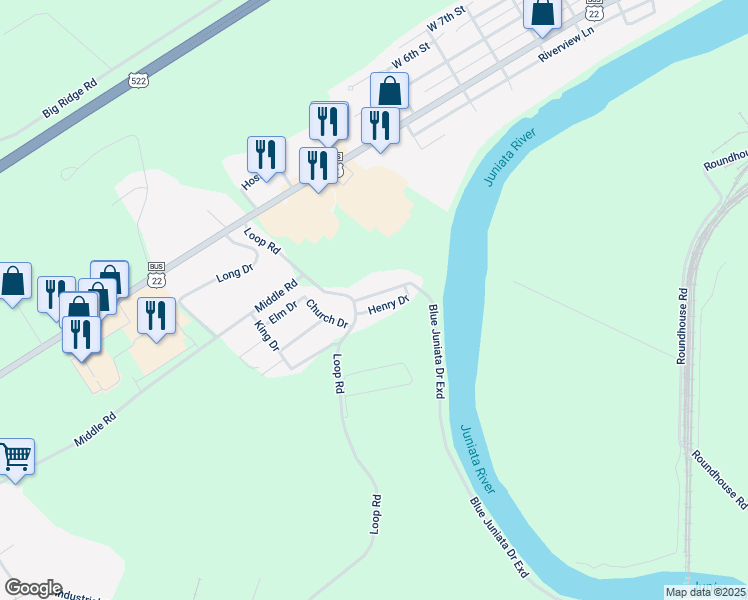 map of restaurants, bars, coffee shops, grocery stores, and more near 10 Blue Juniata Drive in Lewistown