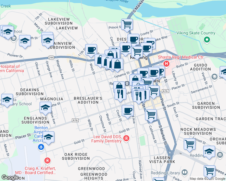 map of restaurants, bars, coffee shops, grocery stores, and more near 1515 Court Street in Redding