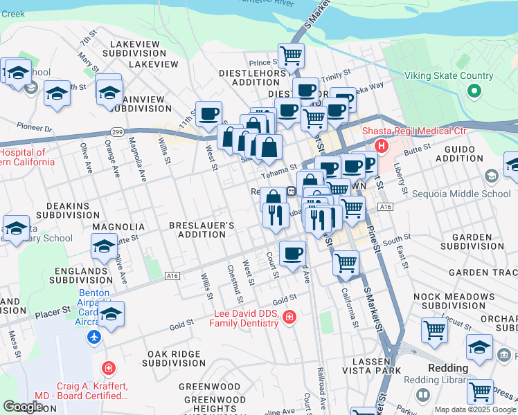 map of restaurants, bars, coffee shops, grocery stores, and more near 1515 Court Street in Redding