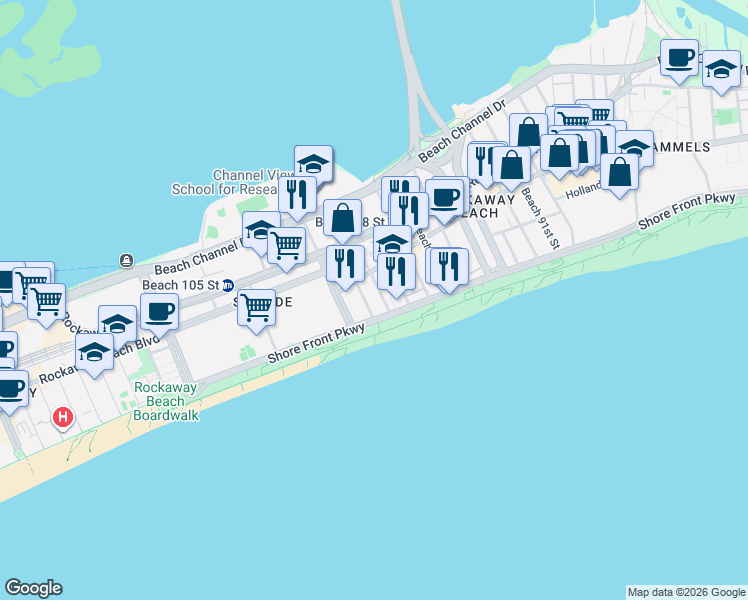 map of restaurants, bars, coffee shops, grocery stores, and more near 1-83 Beach 100th Street in Queens