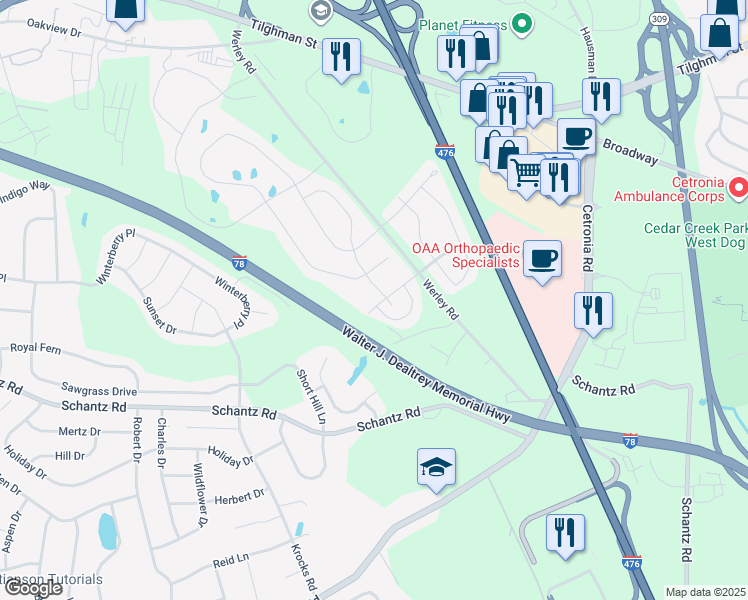 map of restaurants, bars, coffee shops, grocery stores, and more near 5163 Dogwood Trail in Allentown