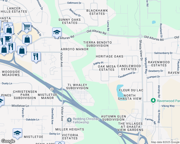 map of restaurants, bars, coffee shops, grocery stores, and more near 1701-1899 Tiger Eye Rd in Redding