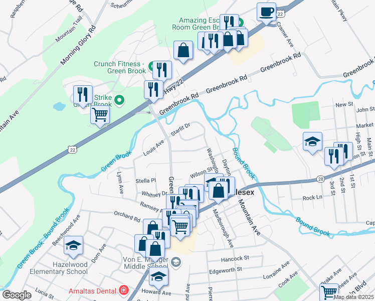 map of restaurants, bars, coffee shops, grocery stores, and more near 22 Dogwood Drive in Middlesex