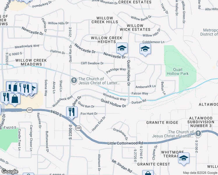 map of restaurants, bars, coffee shops, grocery stores, and more near 2547 East Falcon Way in Sandy
