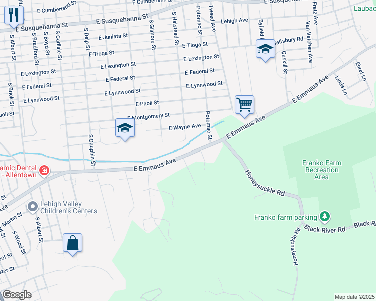 map of restaurants, bars, coffee shops, grocery stores, and more near 824 East Emmaus Avenue in Allentown