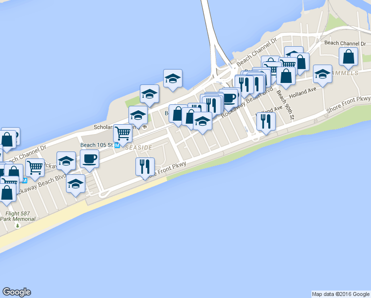 map of restaurants, bars, coffee shops, grocery stores, and more near 1-83 Beach 101st Street in Queens