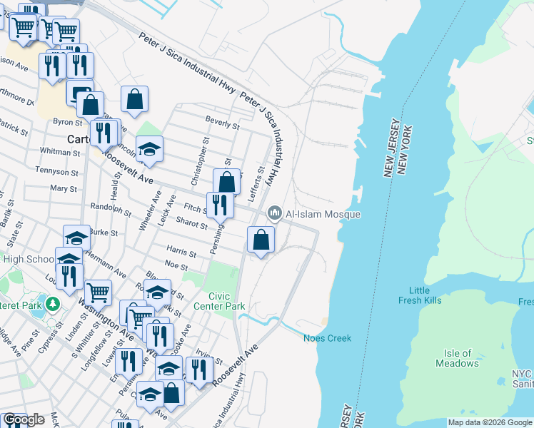 map of restaurants, bars, coffee shops, grocery stores, and more near 535 Roosevelt Avenue in Carteret