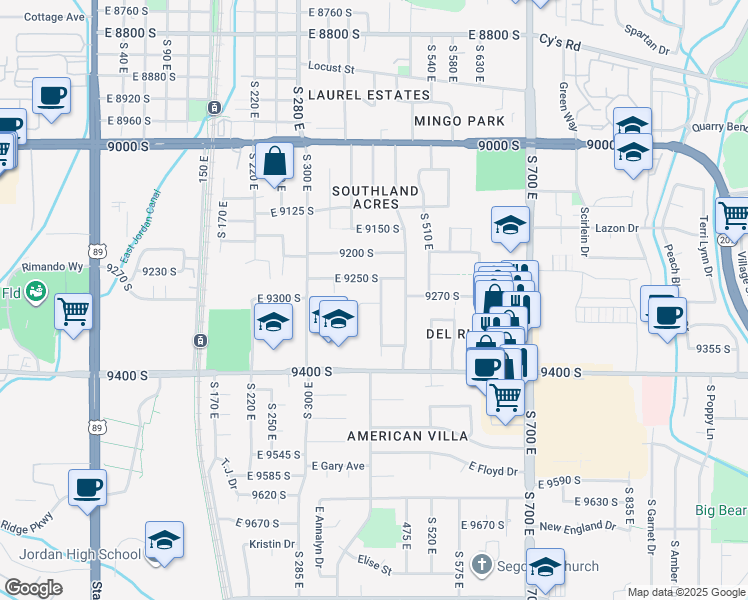 map of restaurants, bars, coffee shops, grocery stores, and more near 8892 South Sneddon Drive in Sandy