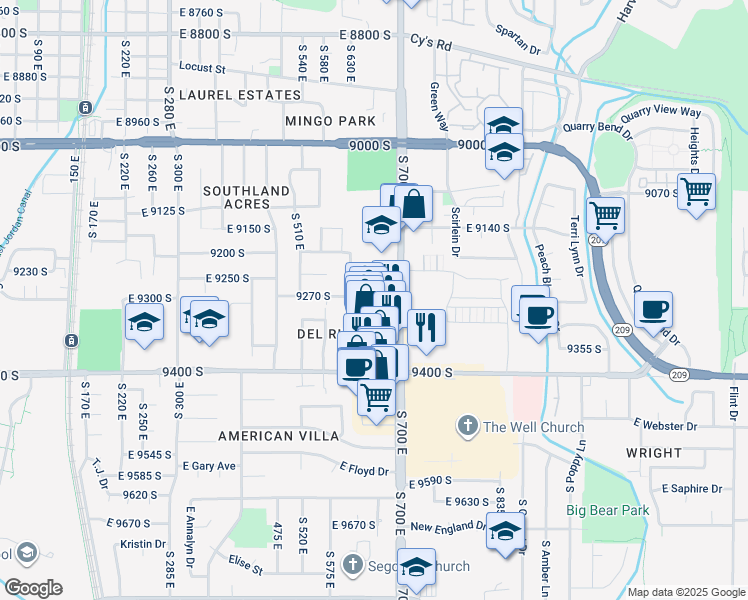 map of restaurants, bars, coffee shops, grocery stores, and more near 9286 700 East in Sandy