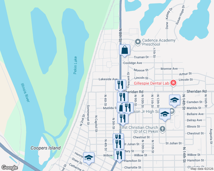 map of restaurants, bars, coffee shops, grocery stores, and more near 1600 North 4th Street in Pekin
