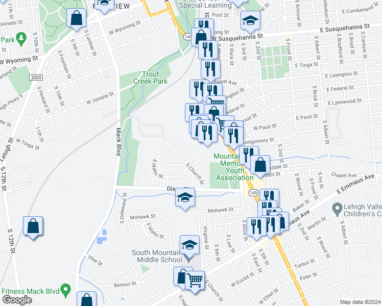 map of restaurants, bars, coffee shops, grocery stores, and more near 1762 South Church Street in Allentown