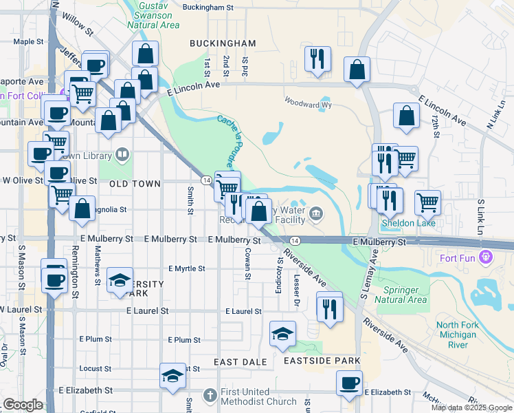 map of restaurants, bars, coffee shops, grocery stores, and more near 500 Riverside Avenue in Fort Collins