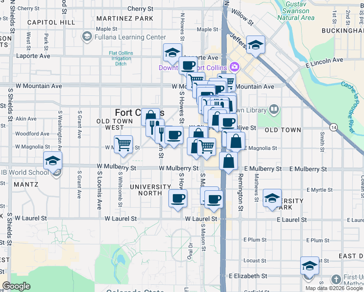 map of restaurants, bars, coffee shops, grocery stores, and more near 417 South Howes Street in Fort Collins