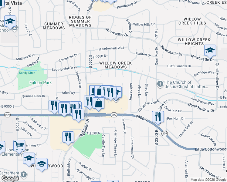 map of restaurants, bars, coffee shops, grocery stores, and more near 2162 Village Point Way in Sandy