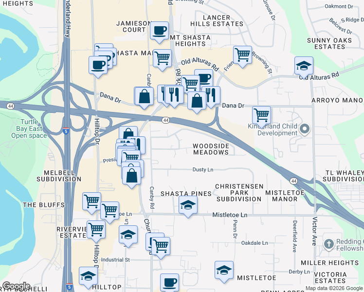 map of restaurants, bars, coffee shops, grocery stores, and more near 1201 Hawthorne Avenue in Redding