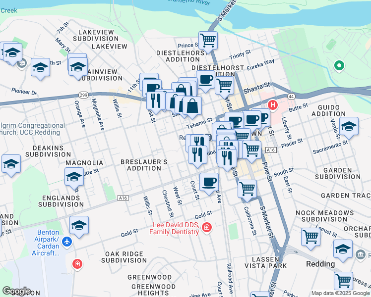 map of restaurants, bars, coffee shops, grocery stores, and more near 1535 Court Street in Redding