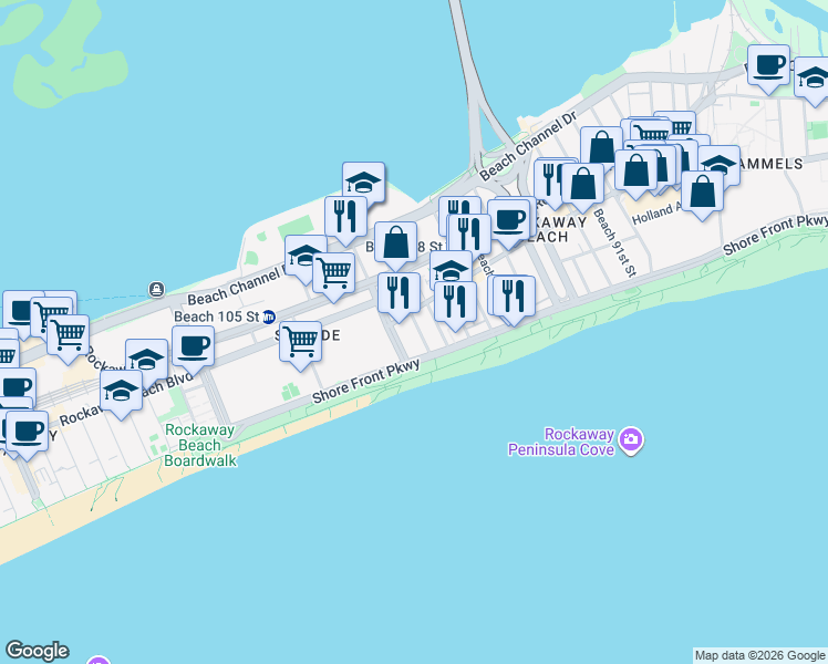 map of restaurants, bars, coffee shops, grocery stores, and more near 100-14 Shore Front Parkway in Queens