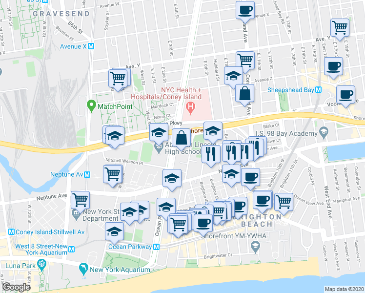 map of restaurants, bars, coffee shops, grocery stores, and more near 2727 Ocean Parkway in Brooklyn