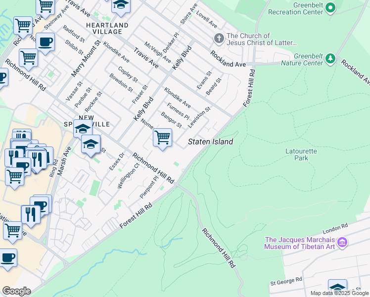 map of restaurants, bars, coffee shops, grocery stores, and more near 1560 Forest Hill Road in Staten Island
