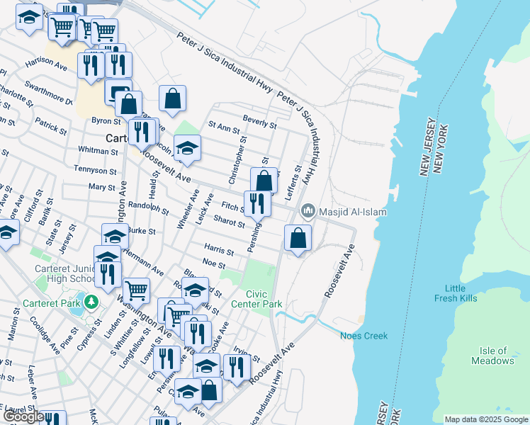 map of restaurants, bars, coffee shops, grocery stores, and more near 315 Pershing Avenue in Carteret