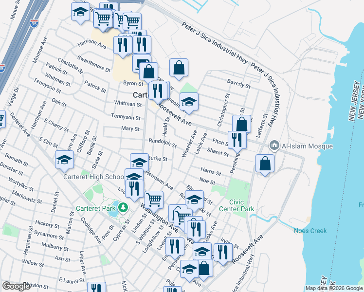map of restaurants, bars, coffee shops, grocery stores, and more near 33 Wheeler Avenue in Carteret