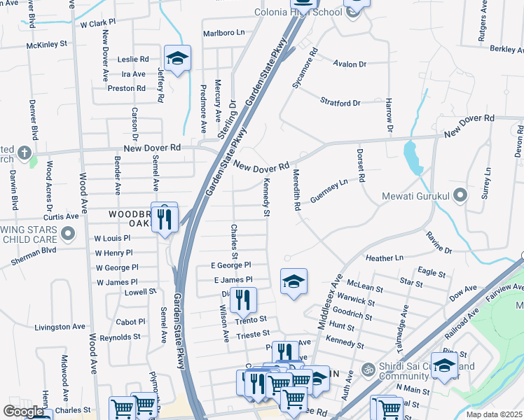 map of restaurants, bars, coffee shops, grocery stores, and more near 262 East Iselin Parkway in Woodbridge Township